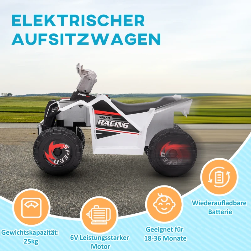 HOMCOM Elektrische Kinderquad, 2,5 km/u, Vooruit- & Achteruit, voor 18-36 Maanden, Wit