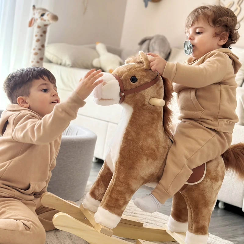 HOMCOM kinderschommel paardpluche bruin 65 x 32,5 x 61 cm met dierengeluiden speelgoed handgrepen(m-8)
