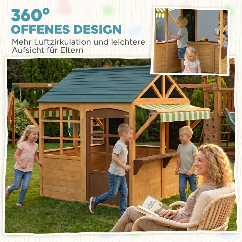 AIYAPLAY Kinderspielhaus aus Tannenholz, Faltbares Häuschen mit Fenstern, Tür, für Kinder im Alter von 3-8 Jahren, Braun+Blau