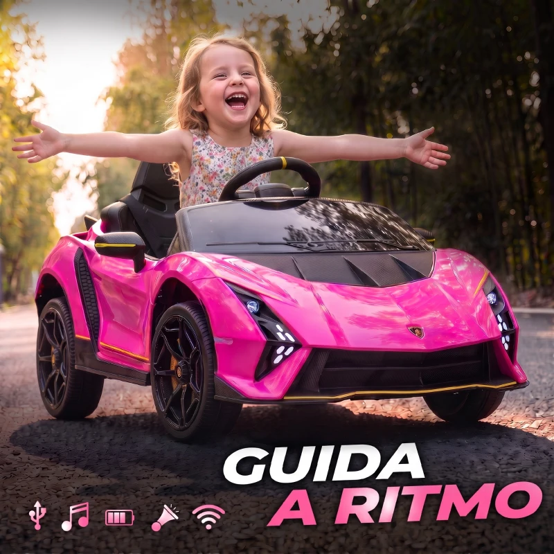 AIYAPLAY Macchina Elettrica Bambini 3-6 Anni 12V Lamborghini Autentica con 2 Motori, Porta a Forbice, Sospensioni, Rosa