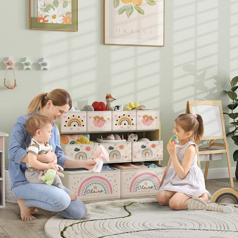 AIYAPLAY Étagère de rangement enfant étagère à 3 niveaux avec 9 boîtes en tissu non tissé 93 x 30 x 70 cm jaune