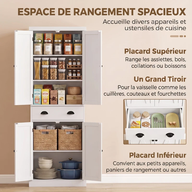 HOMCOM Buffet Haut Cuisine, Armoire de Cuisine avec 4 Portes, Tiroir et Étagères Réglables, Style Rustique, 62x38x173cm, Blanc