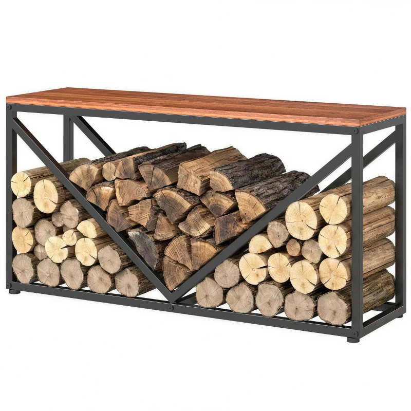 Outsunny 2-in-1 Kaminholzregal für innen 98 x 28 x 50 cm erhöhtes Brennholzregal mit Ablage Trennwand Beistelltisch