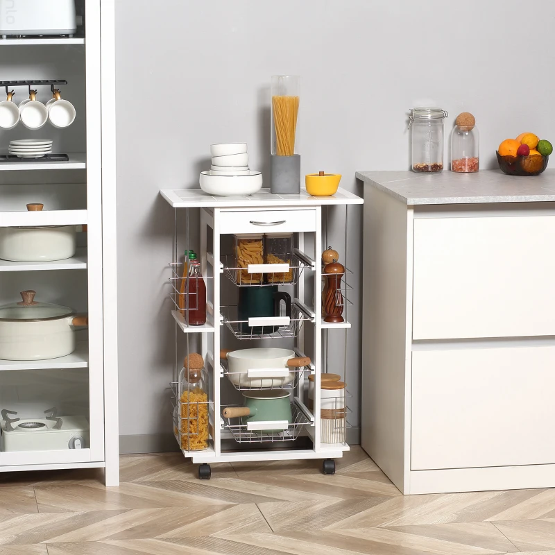 HOMCOM Chariot de service desserte de cuisine à roulettes multi-rangements 4 paniers métal tiroir + 4 range-bouteilles bois pin plateau carrelé blanc