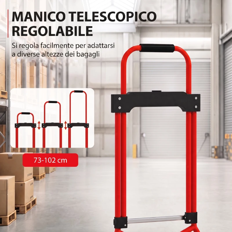 HOMCOM Carrello Portapacchi con Maniglia Telescopica, Portata 60kg, Telaio Acciaio, Rosso