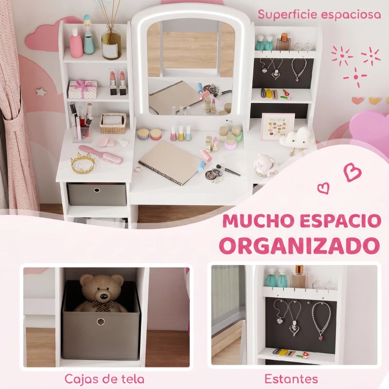 AIYAPLAY Tocador Infantil con Espejo con Luz Taburete Cajones de Tela Ganchos para Joyas y Estantes para 3 a 8 Años Blanco