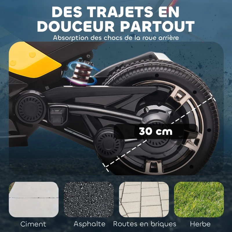 AIYAPLAY Quad électrique enfants voiture électrique enfants 12V 3 roues 2 moteurs lecteur MP3, klaxon, 2 vitesses 3-5 km/h jaune