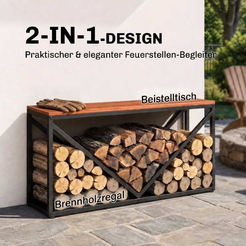 Outsunny 2-in-1 Kaminholzregal für innen 98 x 28 x 50 cm erhöhtes Brennholzregal mit Ablage Trennwand Beistelltisch