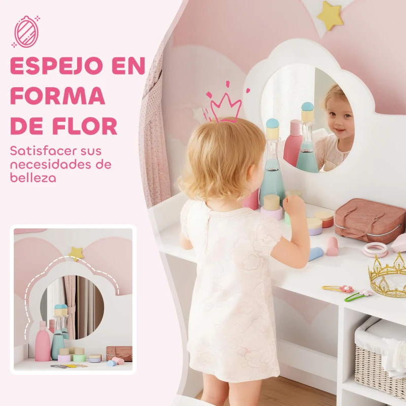 AIYAPLAY Tocador de Maquillaje Niña 2 en 1 Escritorio con Taburete Espejo Estantes Abiertos para Niños +3 Años Blanco