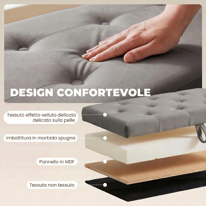 HOMCOM Cassapanca in Velluto140L con Seduta Ampia Imbottita, Capacità 240kg, Camera da Letto Soggiorno Ingresso, Grigio