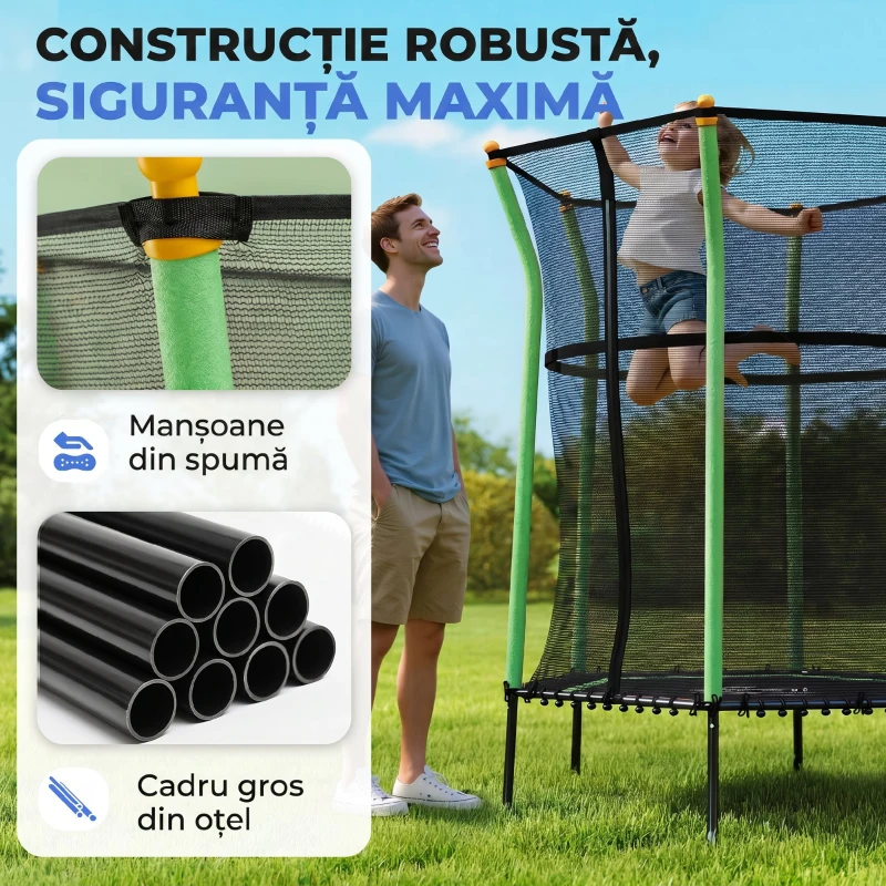 HOMCOM Trambulină Elastică pentru Copii 3-10 Ani cu Intrare cu Fermoar și Stâlpi Căptușiți, 122 x 111 x 190 cm, Verde
