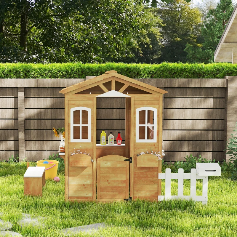 Outsunny Cabane de jeu pour enfant maison de jardin en bois porte et fenêtres, banc, boite aux lettres, clôture, de 3 à 6 ans