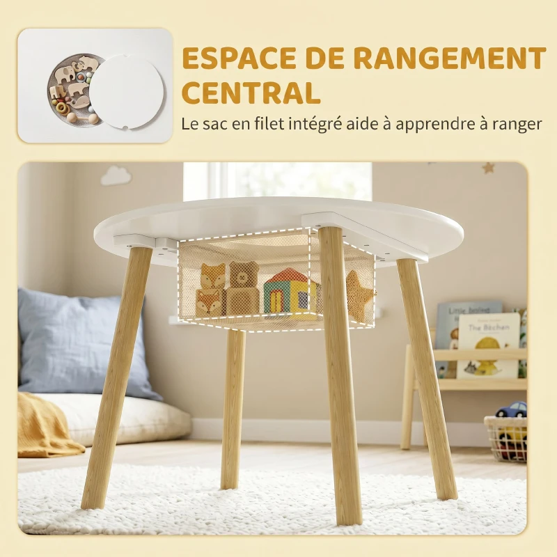 AIYAPLAY Table enfant avec chaise, ensemble table et 2 chaises en bois avec sac de rangement pour dessiner, jouer, étudier, blanc