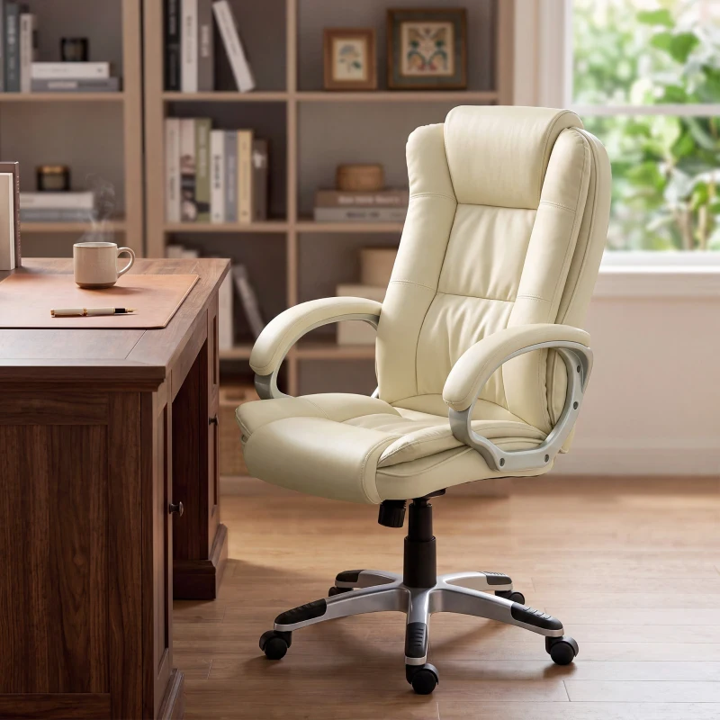 HOMCOM Sedia da Ufficio Girevole in Pelle PU con Dondolo, Schienale Alto e Altezza Regolabile, Beige