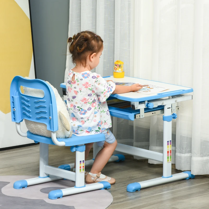 HOMCOM Pupitre Infantil 2 en 1 Juego de Escritorio y Silla para Niños de +6 Años con Altura Ajustable Mesa Regulable en Ángulo y Bandeja Deslizante 66x47x77 cm Azul