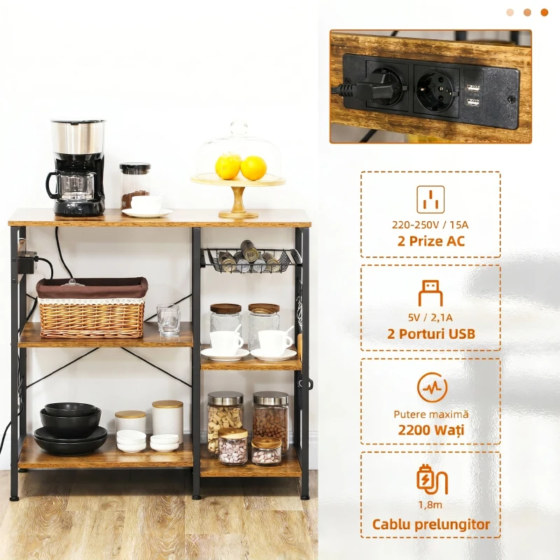HOMCOM Dulap de bucătărie cu 3 rafturi din PAL, priză electrică, port USB și coș, 90x40x83cm