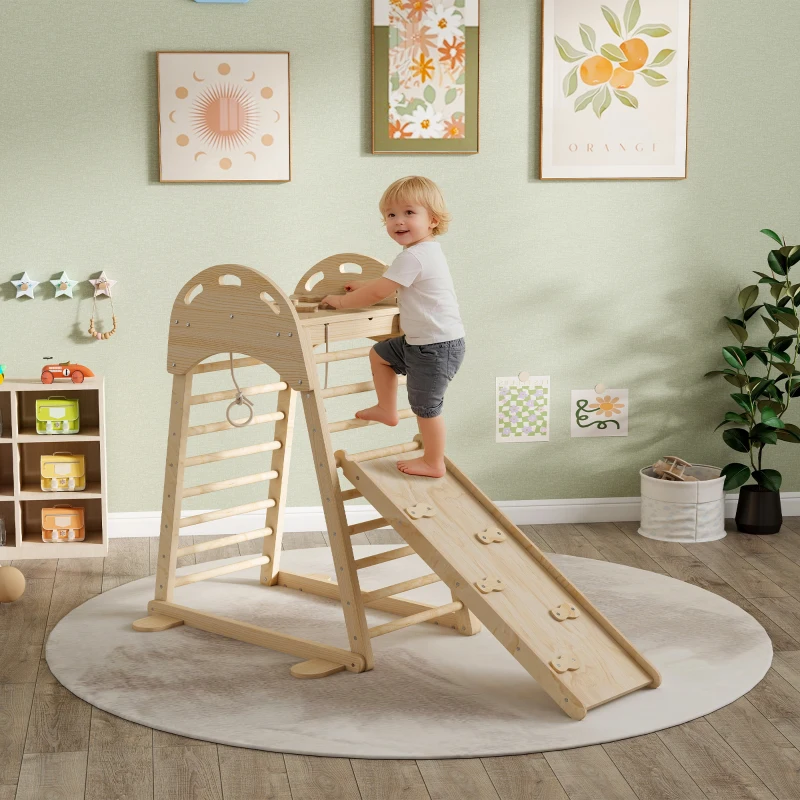 AIYAPLAY Triângulo de Escalada Montessori 6 em 1 Estrutura de Madeira com Plataforma Anéis e Escorrega para Escalar ou Deslizar Madeira