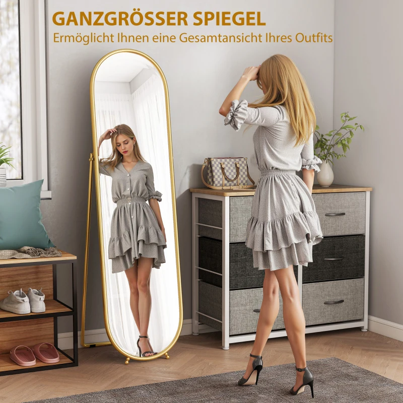 HOMCOM Ovale passpiegel, vrijstaand, metalen frame, 50 x 180 cm, goud