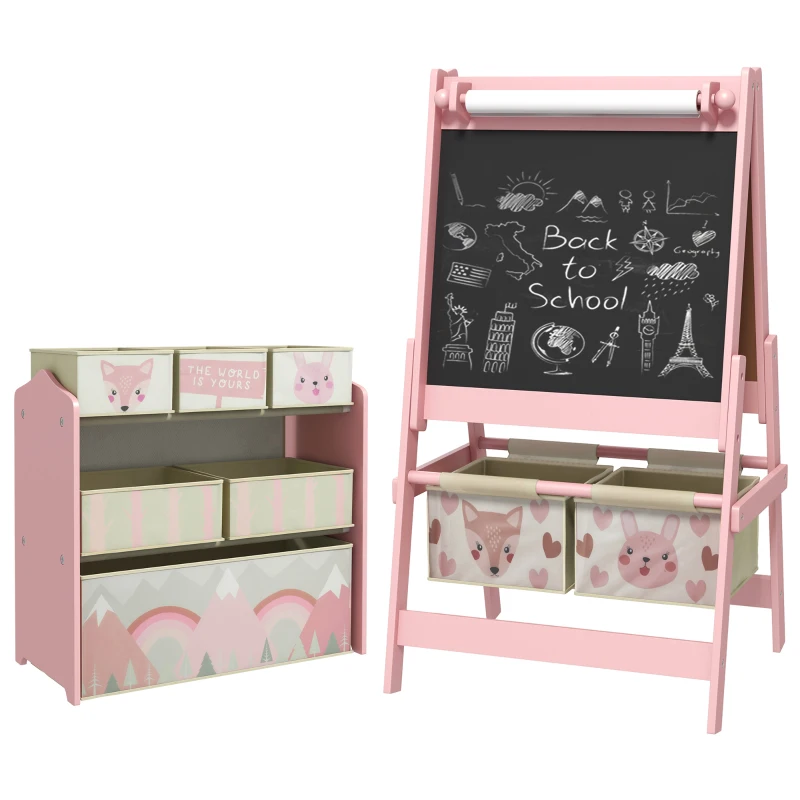 Tableau chevalet double-face rouleau papier 2 paniers + meuble à jouets de rangement à 6 boîtes, 63 x 30 x 66 cm, rose