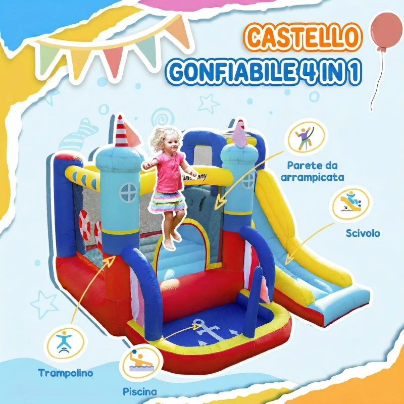Outsunny Castello Gonfiabile 4 in 1 Bimbi 3-8 Anni, Scivolo e Piscina, 265x260x200cm