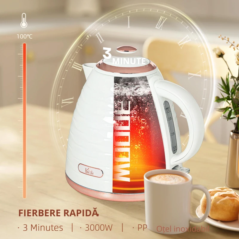 HOMCOM Fierbător electric, 1,7L, 2,2kW, funcție de fierbere rapidă cu filtru anti-calcar detașabil și lavabil