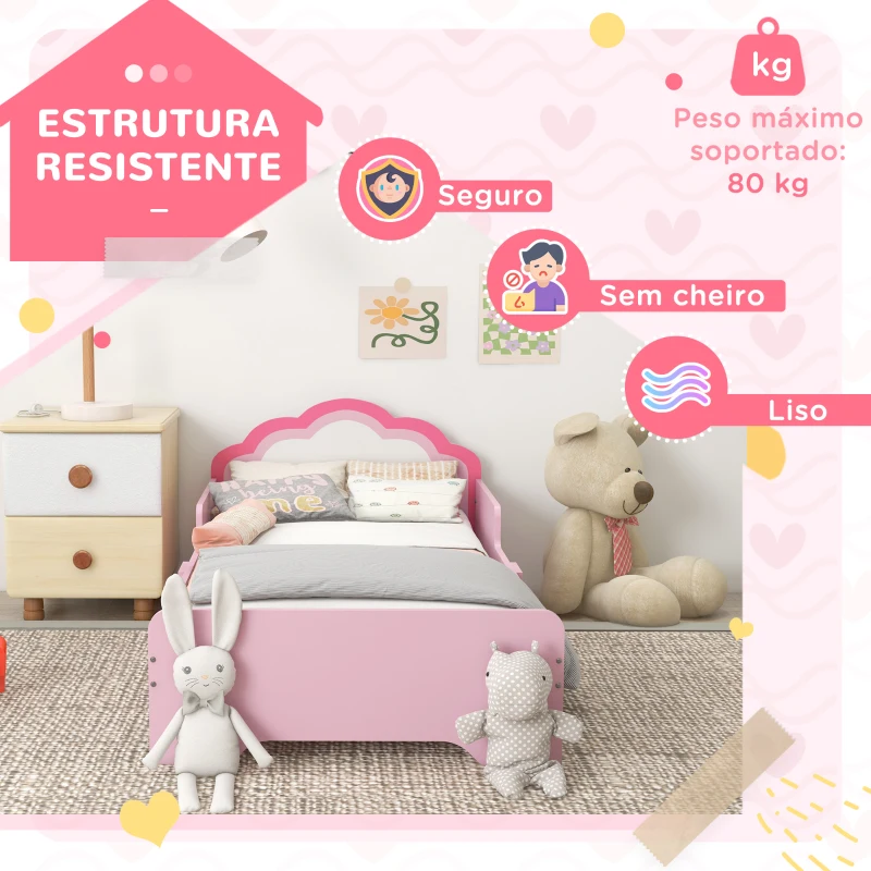 ZONEKIZ Cama para Crianças 70x140 cm com Barreira Antiqueda e Estrado Cama Infantil com Cabeceira em Forma de Nuvem Rosa