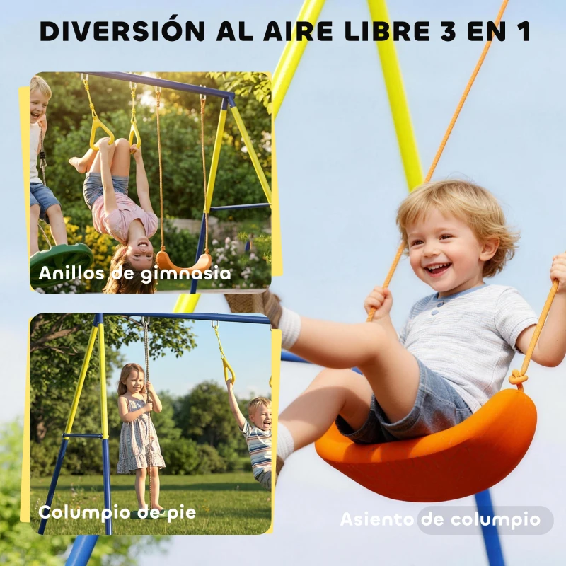 AIYAPLAY Columpio Infantil 3 en 1 Columpio Clásico y de Pie y Aros de Gimnasia Carga 150 kg para Niños de 3 a 8 Años Multicolor