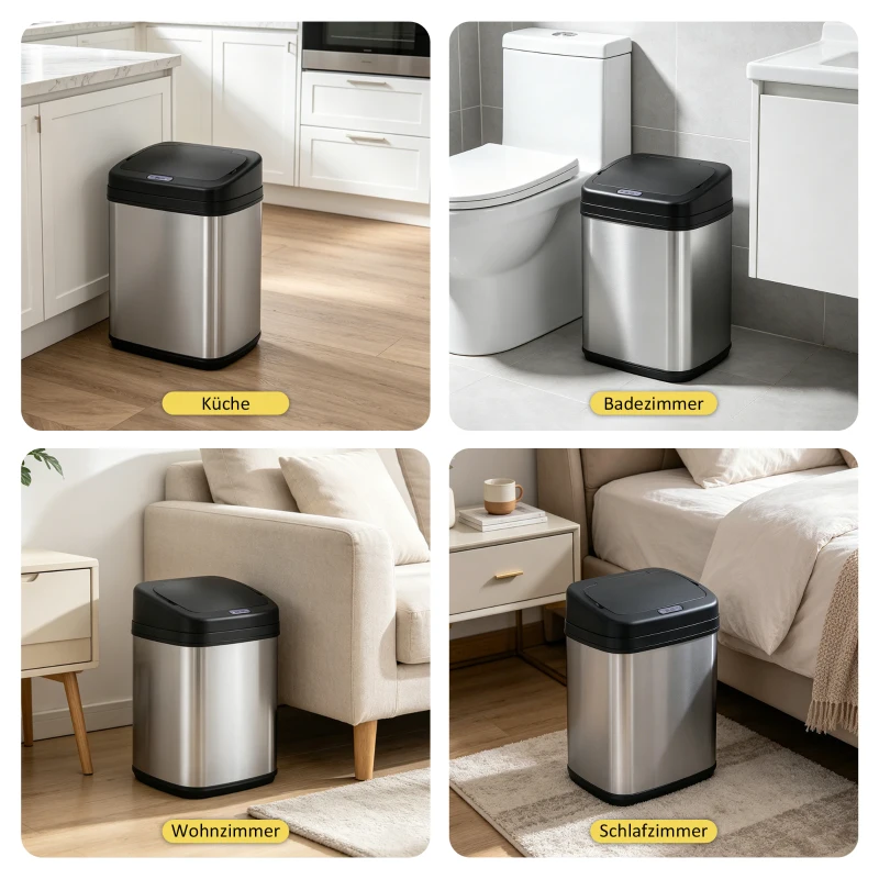 HOMCOM Sensorprullenbak 20L RVS Automatische prullenbak met bewegingssensor, binnenemmer 33 x 25 x 42,5 cm Zilver+Zwart