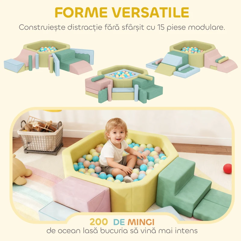 AIYAPLAY Set 15 Blocuri de Construcții Moi Modulabile pentru Copii cu 200 Bile pentru Uz Interior, Multicolor