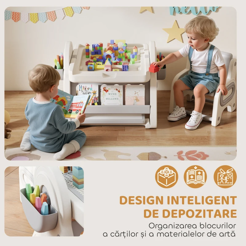 AIYAPLAY Masă Multifuncțională pentru Copii cu Raft de Depozitare și Sertare, din HDPE și PP, Gri și Alb