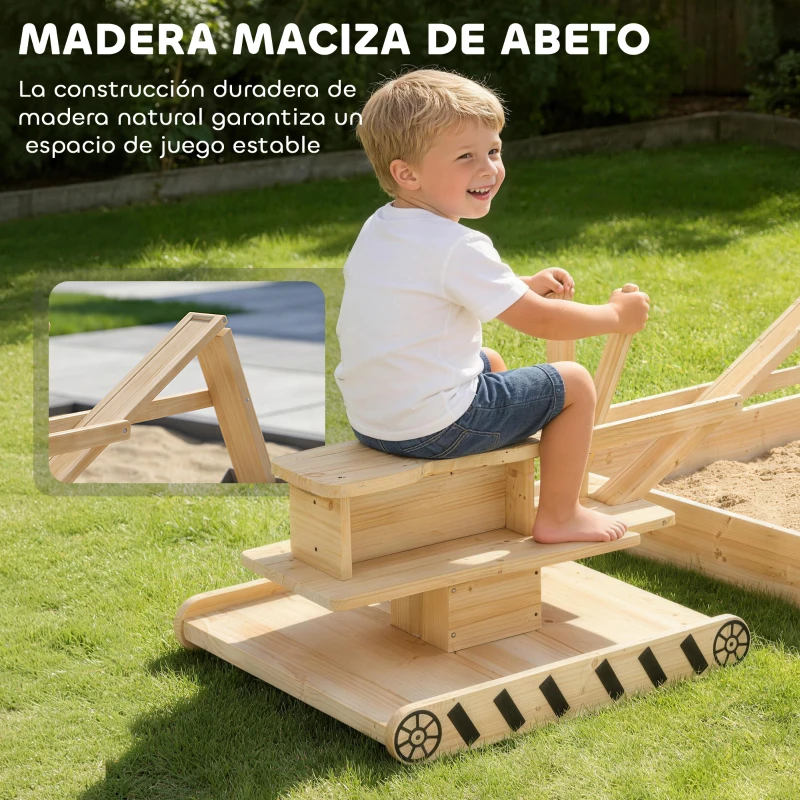 AIYAPLAY Arenero para Niños de Madera con Excavadora Arenero Infantil con Asiento Giratorio 360° y Forro 184x90x56 cm Natural