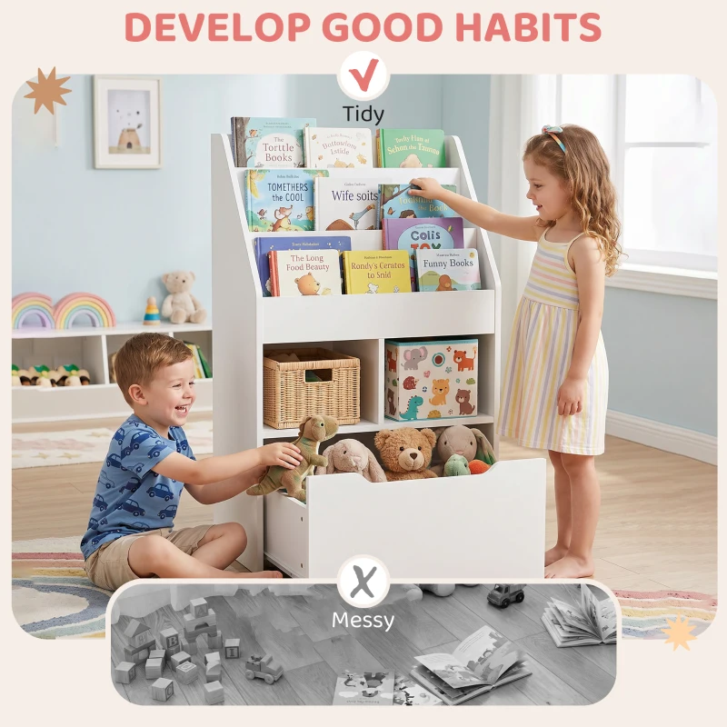 HOMCOM Kids Bookshelf, Toy Organiser, with Storage Drawer, Wheels - White