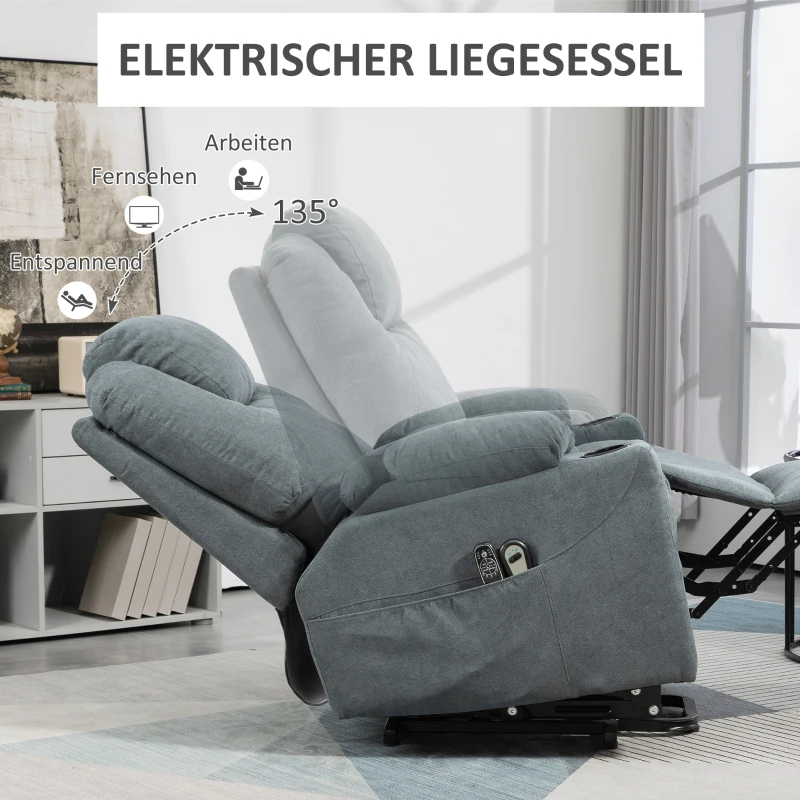 HOMCOM Massagestoel met opsta-hulp seniorenstoel, 8 massagepunten, zijvakken, afstandsbediening, 90L x 101B x 107 cm, grijs