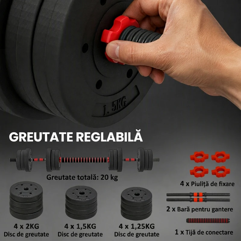HOMCOM Set 2 Gantere Antialunecare cu 12 Discuri de Greutăți, 20 kg în total și Conector, din Oțel, HDPE și Nisip, Negru