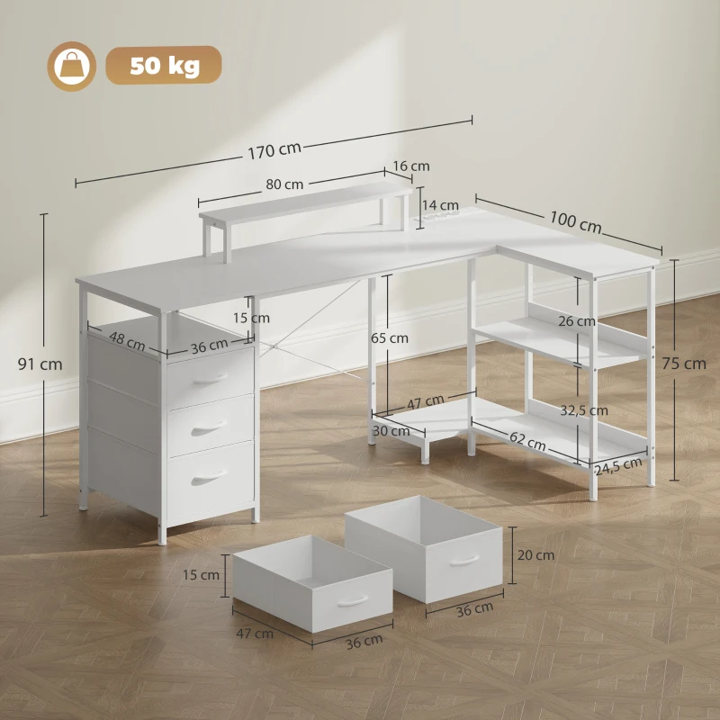 HOMCOM Escritorio Esquinero en L con Tomas de Corriente, 170x100cm, Blanco