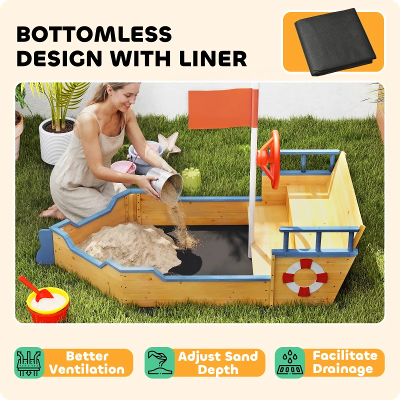Outsunny Kids Sand Pit, Children Pirate Ship Sandbox with Bench, Bottom Liner, Seat, Natural Wood Tone