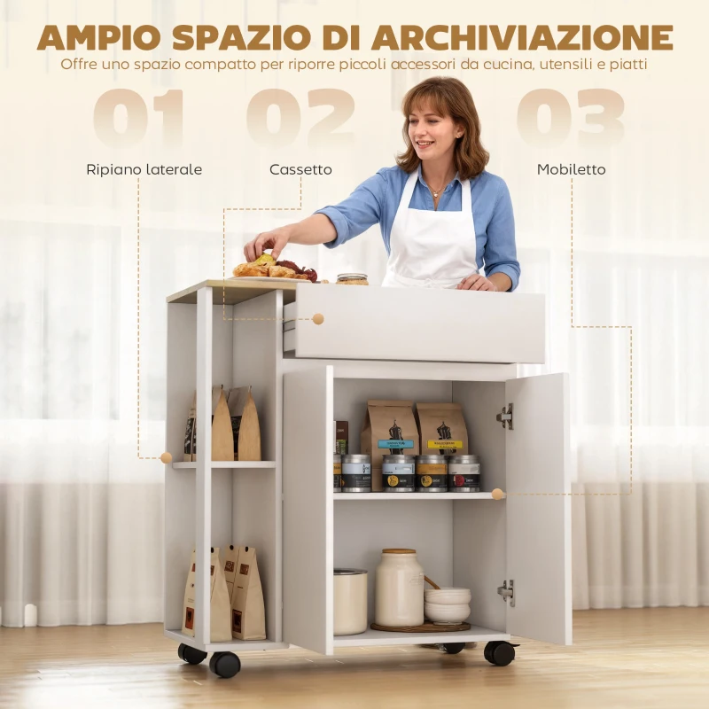 HOMCOM Carrello Cucina con Cassetto, Armadietto e 2 Ripiani Laterali, in Legno, 78x39.5x88.5 cm, Bianco e Rovere