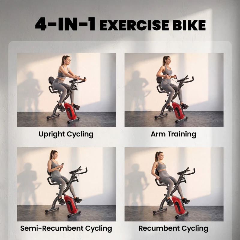 SPORTNOW 4-In-1 Folding Exercise Bike with Resistance Bands, Bluetooth App, 8-Level Magnetic Resistance, LCD Display, Red