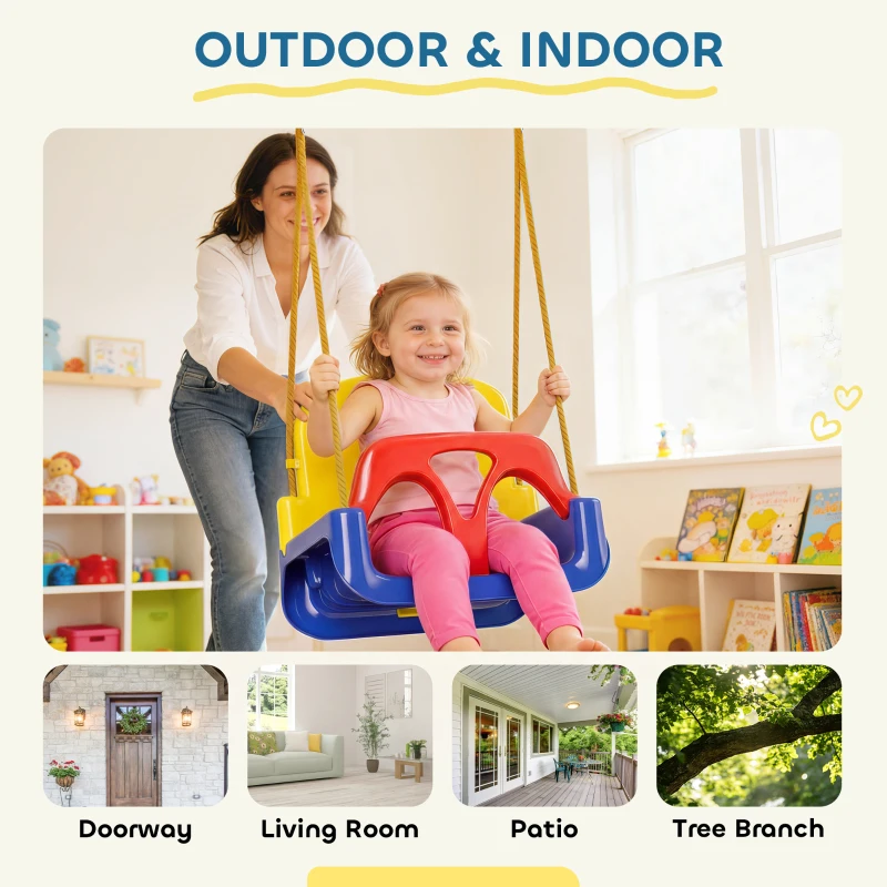 Outsunny 3 in 1 Detachable Kids Swing Seat with Seatbelt, Adjustable Rope for Indoor, Outdoor, Dark Blue