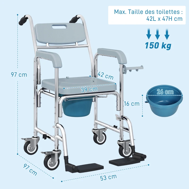 HOMCOM Chaise percée adulte à roulettes, chaise percée de douche avec repose-pieds, dossier et accoudoirs, 53x97x97cm, gris