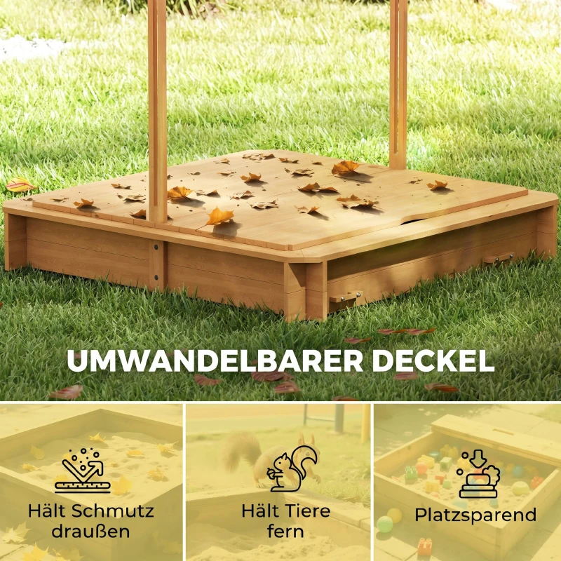 Outsunny Zandbak 106x106 cm van Hout met Verstelbare Overkapping, Zitbanken en Rugleuningen in Lichtbruin