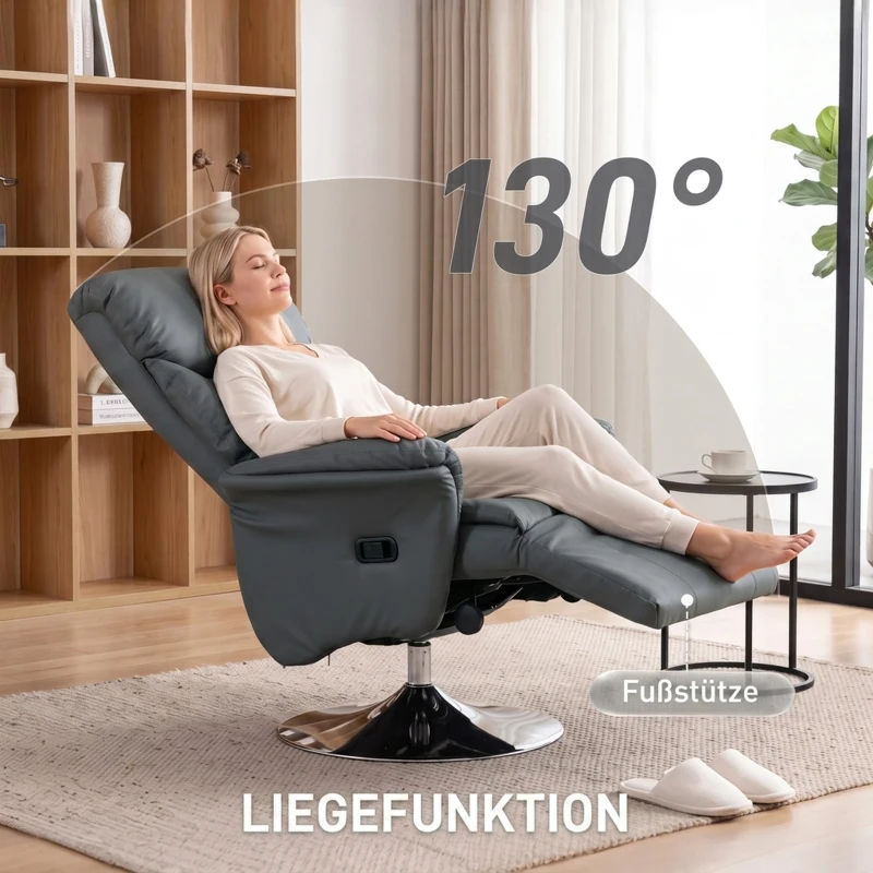 HOMCOM Relaxstoel met ligfunctie, lederlook, voetensteun, tot 120 kg, 78 x 80 x 109 cm, grijs