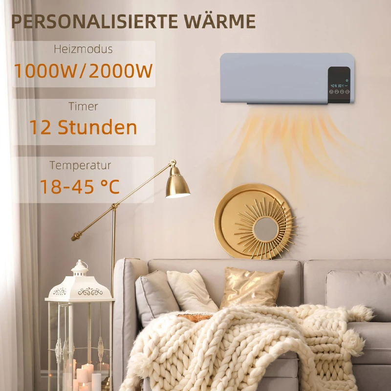 HOMCOM Elektrische wandverwarming met oscillatiefunctie, 2 standen, timer en LED-display, grijs