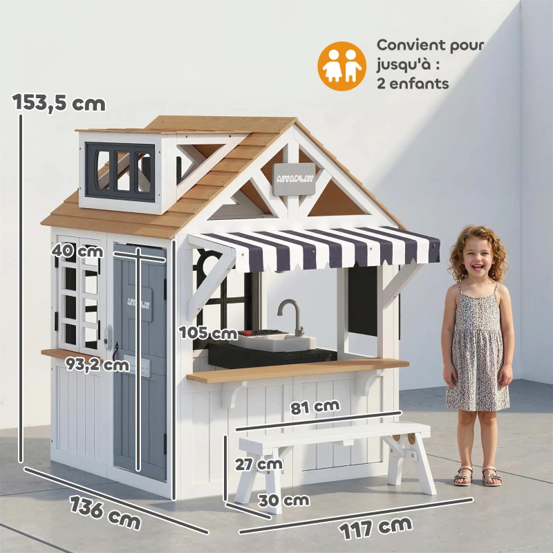 AIYAPLAY Cabane enfant extérieur en bois, maison enfant extérieure avec chatière, ustensiles de cuisine, banc et sonnette, blanc