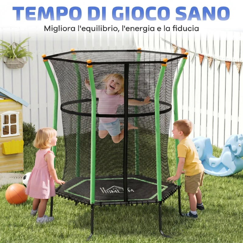 HOMCOM Trampolino Elastico per Bambini 3-10 Anni con Ingresso a Cerniera e Pali Imbottiti, 122x111x190 cm, Verde