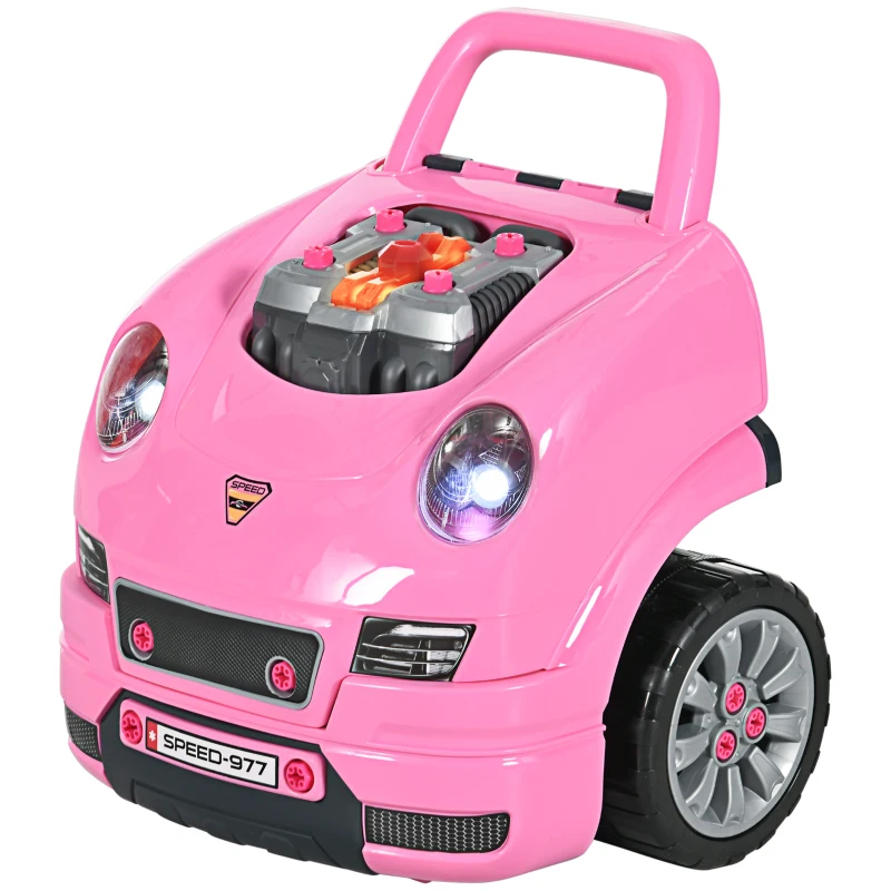HOMCOM Juego Infantil de Motor con Herramientas 61 Piezas Volante Bocina Faros Caja de Almacenaje y Ruedas 40x39x47 cm Rosa