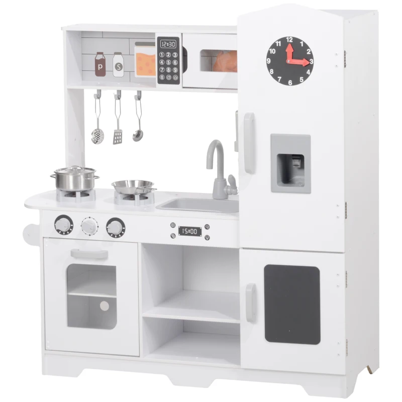 AIYAPLAY Cocina de Madera Infantil con Fogón Grifo Fregadero Microondas Reloj Máquina de Hielo y Accesorios de Cocina Blanco