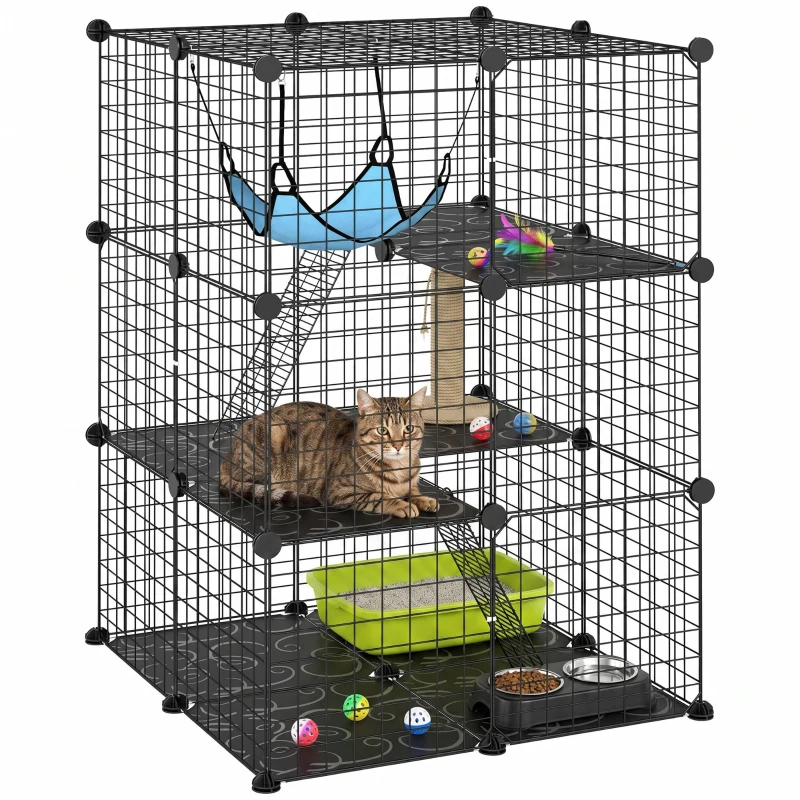 PawHut Kattenkooi voor binnen 105 cm, stalen kattenren met 3 deuren, modulair DIY-ontwerp voor kittens tot 4 kg