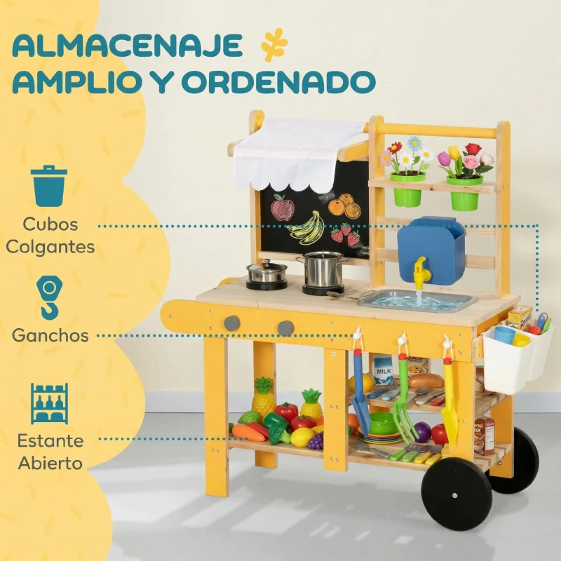 AIYAPLAY Cocina de Juguete Exterior de Madera con Ruedas Agua Real Macetas Pizarra y 15 Accesorios 84,2x34,4x90 cm Amarillo