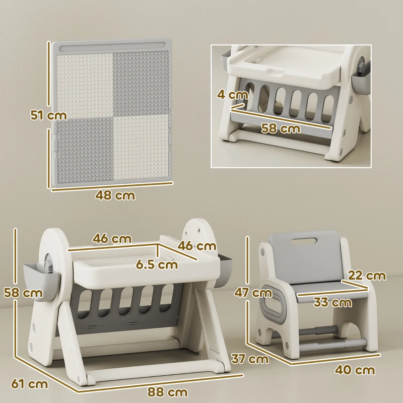 AIYAPLAY Masă Multifuncțională pentru Copii cu Raft de Depozitare și Sertare, din HDPE și PP, Gri și Alb